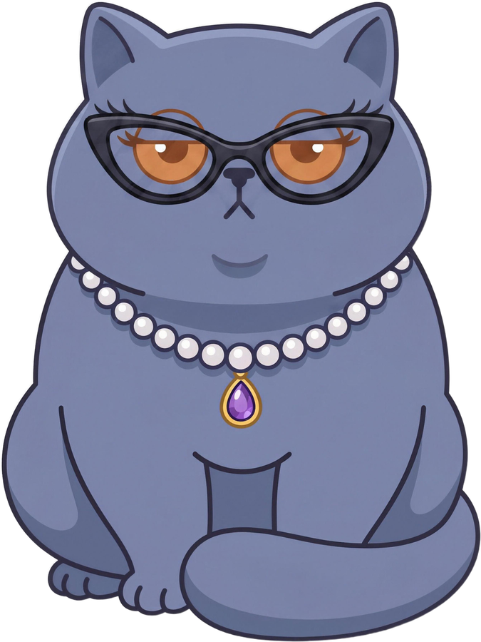 Doctor Agatha, a blue-grey British Shorthair cat in black cat-eye glasses and a pearl necklace with an amethyst pendant, sitting with a deadpan expression.