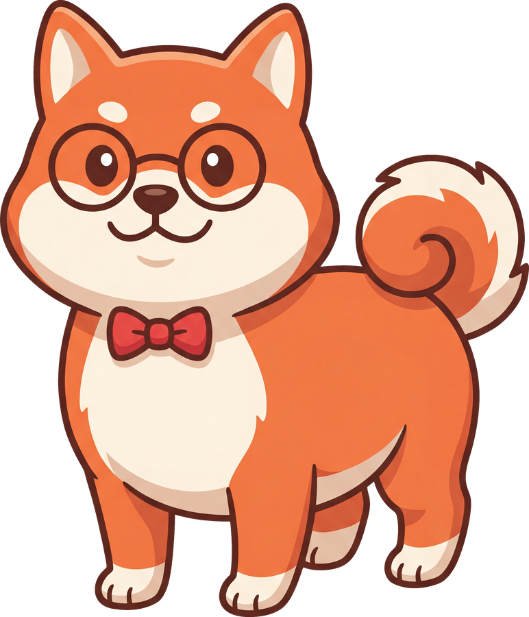 Professor Mochi, an orange Shiba Inu in round glasses and a red bowtie, standing and waving.